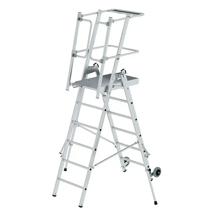 Proregal Stehleiter Plattformleiter Flexstep - Anzahl Tritte: 6 Stk., Arbeitshöhe: 3.550 mm, Belastbarkeit: 150 kg, Aluminium - Silberne Aluminium-Arbeitsplattformleiter mit integrierten Sicherheitsgeländern und Transporträdern.