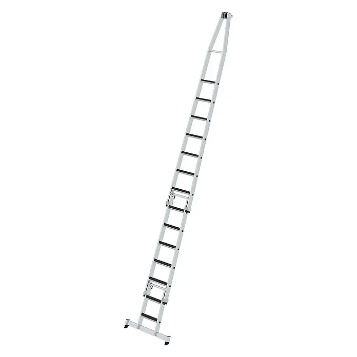 Proregal Anlegeleiter Glasreinigerleiter mit nivello®-Traverse - Anzahl Tritte: 2 Stk., Arbeitshöhe: 6.750 mm, Belastbarkeit: 120 kg, Aluminium - Silberne Aluminium-Ausziehleiter mit schwarzen Sprossen, breiter Basis und oberen Rollen.