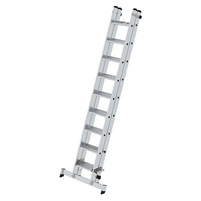Proregal Schiebeleiter 2-teilig - Anzahl Tritte: 18 Stk., Arbeitshöhe: 5.450 mm, Belastbarkeit: 150 kg, Aluminium - Silberne Aluminium-Ausziehleiter mit breiten Sprossen und stabilisierender Basis für vielseitigen Einsatz.