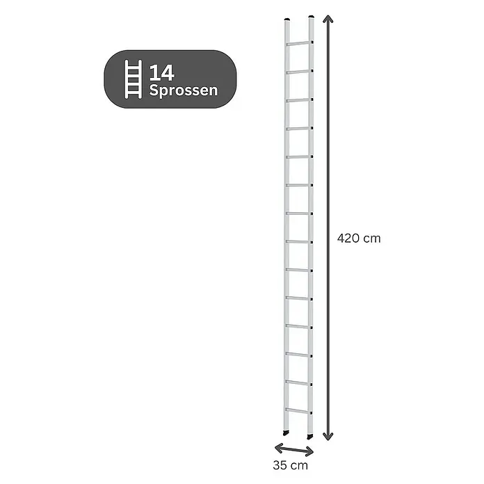 Proregal Anlegeleiter mit 14 Sprossen - Anzahl Tritte: 14 Stk., Arbeitshöhe: 4.900 mm, Belastbarkeit: 150 kg, Aluminium - Silberne Aluminiumleiter mit 14 Sprossen, 420 cm hoch und 35 cm breit.