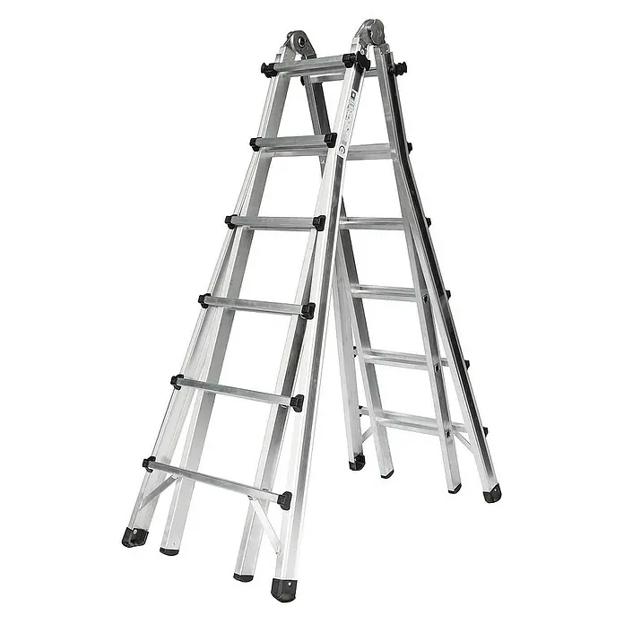 Proregal Teleskopleiter 4-teilig - Anzahl Tritte: 24 Stk., Arbeitshöhe: 7.500 mm, Belastbarkeit: 150 kg, Aluminium - Silberne Aluminium-Mehrzweckleiter in A-Form, mit verstellbaren Abschnitten und rutschfesten Füßen.