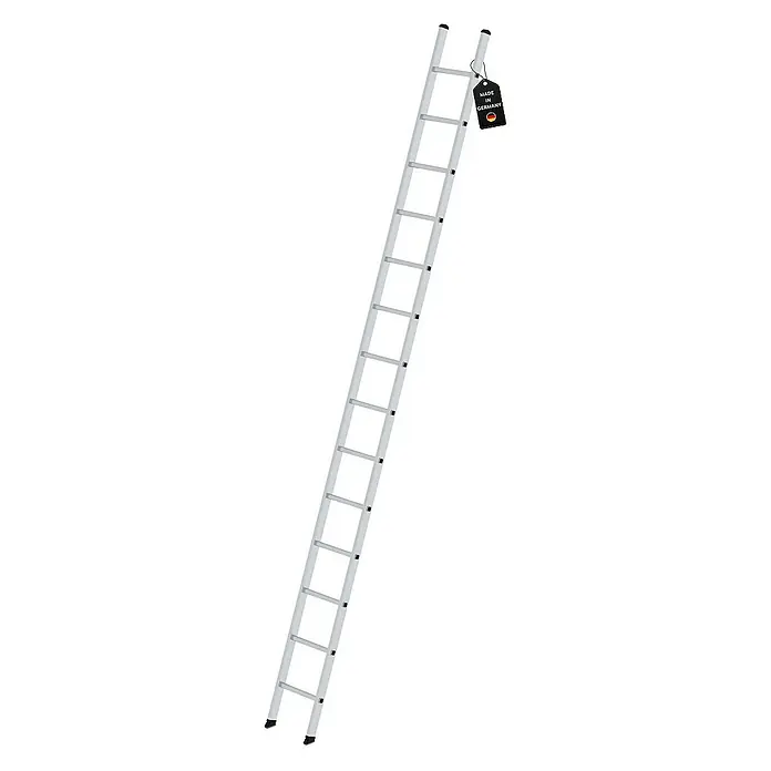 Proregal Anlegeleiter mit 14 Sprossen - Anzahl Tritte: 14 Stk., Arbeitshöhe: 4.900 mm, Belastbarkeit: 150 kg, Aluminium - Hohe silberne Aluminiumleiter mit 'Made in Germany'-Etikett.