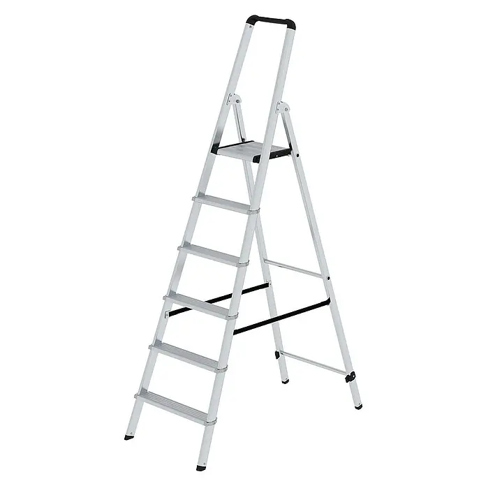 Proregal Stehleiter einseitig begehbar - Anzahl Tritte: 6 Stk., Arbeitshöhe: 3.400 mm, Belastbarkeit: 150 kg, Aluminium - Eine silberne Aluminium-Klappleiter mit fünf Stufen, einer oberen Plattform und schwarzen Anti-Rutsch-Elementen an Griff, Stufen und Füßen.