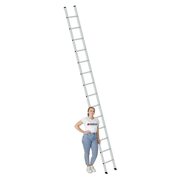 Proregal Anlegeleiter mit 14 Sprossen - Anzahl Tritte: 14 Stk., Arbeitshöhe: 4.900 mm, Belastbarkeit: 150 kg, Aluminium - Hohe silberne Aluminiumleiter mit vielen Sprossen, zur Größenreferenz neben einer Person.