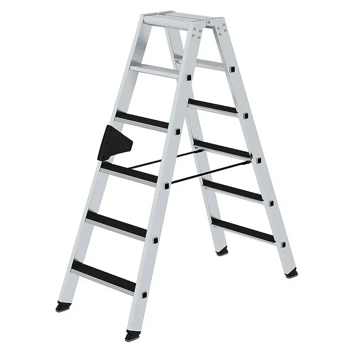 Proregal Doppel-Stehleiter beidseitig begehbar - Anzahl Tritte: 12 Stk., Arbeitshöhe: 2.900 mm, Belastbarkeit: 150 kg, Aluminium - Silberne Aluminium-Klappleiter mit schwarzen, rutschfesten Stufen und integrierter Ablage.