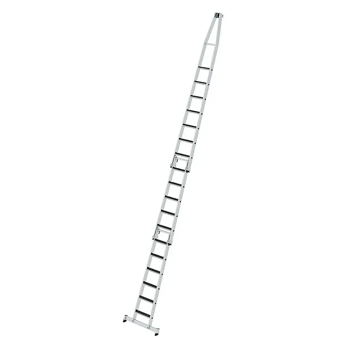 Proregal Anlegeleiter Glasreinigerleiter mit nivello®-Traverse - Arbeitshöhe: 6.750 mm, Belastbarkeit: 120 kg, Aluminium - Silberne Aluminium-Dachleiter mit schwarzen Sprossen und rollbarer Oberstütze für leichten Zugang zum Dach.