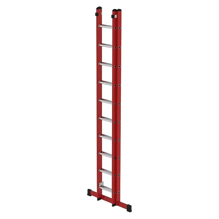 Proregal Schiebeleiter 2x10-Sprossen - Anzahl Tritte: 20 Stk., Arbeitshöhe: 6.100 mm, Belastbarkeit: 150 kg, Aluminium - Rote Leiter mit silbernen Sprossen und stabilisierenden Füßen für sicheres Klettern.