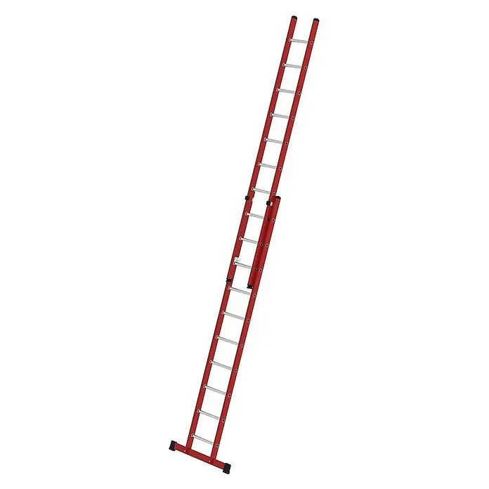 Proregal Schiebeleiter 2x10-Sprossen - Anzahl Tritte: 20 Stk., Arbeitshöhe: 6.100 mm, Belastbarkeit: 150 kg, Aluminium - Rote zweiteilige Auszugsleiter mit silbernen Sprossen, ausgefahren dargestellt.