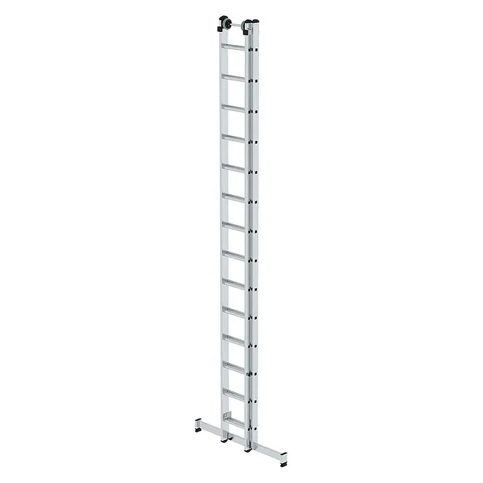 Proregal Schiebeleiter 2-teilig - Anzahl Tritte: 32 Stk., Arbeitshöhe: 9.400 mm, Belastbarkeit: 150 kg, Aluminium - Silberne Aluminium-Ausziehleiter mit breiter Stabilisierungsbasis und oberen Rollen.