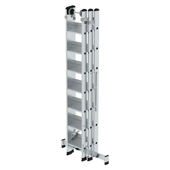 Proregal Mehrzweckleiter 3-teilig - Anzahl Tritte: 21 Stk., Arbeitshöhe: 6.100 mm, Belastbarkeit: 150 kg, Aluminium - Silberne Aluminium-Mehrzweckleiter mit schwarzen Antirutschfüßen, Rollen zur einfachen Positionierung und ausziehbaren Segmenten.