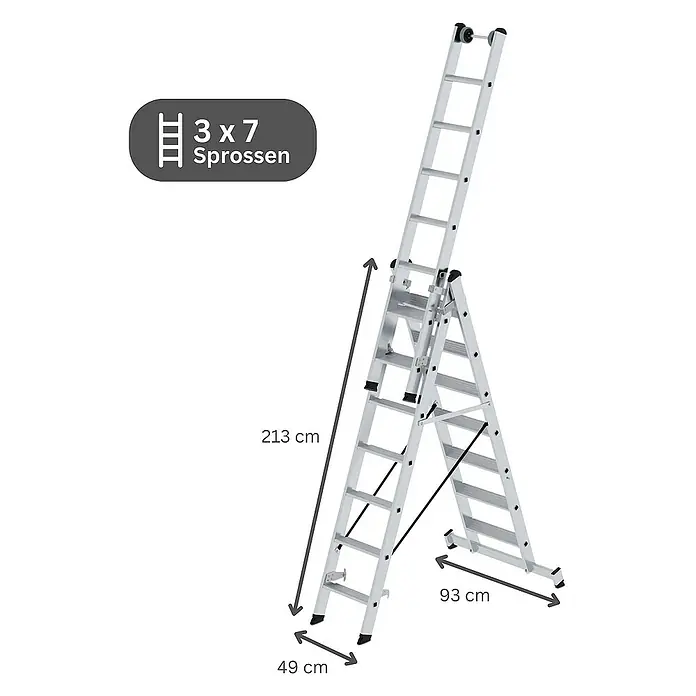 Proregal Mehrzweckleiter 3-teilig - Anzahl Tritte: 21 Stk., Arbeitshöhe: 6.100 mm, Belastbarkeit: 150 kg, Aluminium - Silberne Aluminium-Mehrzweckleiter, 3x7 Sprossen, als Stehleiter mit Auszug, Höhe 213 cm.