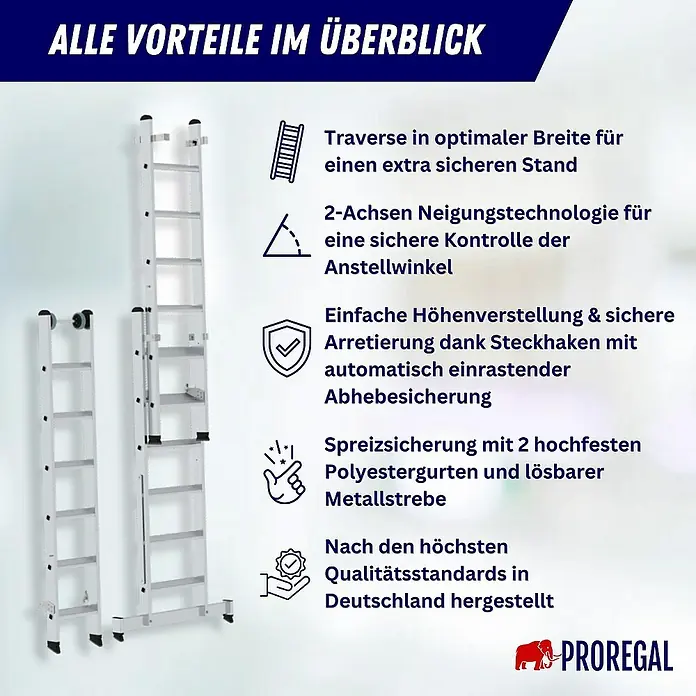 Proregal Mehrzweckleiter 3-teilig - Anzahl Tritte: 21 Stk., Arbeitshöhe: 6.100 mm, Belastbarkeit: 150 kg, Aluminium - Zwei silberne Aluminiumleitern, eine ausgefahren und eine kürzere.
