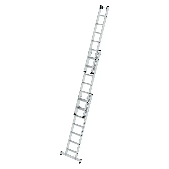 Proregal Mehrzweckleiter 3-teilig - Anzahl Tritte: 21 Stk., Arbeitshöhe: 6.100 mm, Belastbarkeit: 150 kg, Aluminium - Silberfarbene Aluminium-Ausziehleiter mit mehreren Segmenten für verstellbare Höhen.