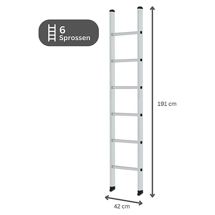 Proregal Anlegeleiter mit 6 Sprossen - Anzahl Tritte: 6 Stk., Arbeitshöhe: 3.000 mm, Belastbarkeit: 150 kg, Aluminium - Helle Aluminiumleiter mit 6 Sprossen, 191 cm hoch und 42 cm breit.