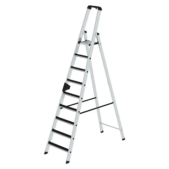 Proregal Stehleiter einseitig begehbar - Anzahl Tritte: 9 Stk., Arbeitshöhe: 4.100 mm, Belastbarkeit: 150 kg, Aluminium - Silberne Aluminium-7-Stufen-Stehleiter mit schwarzen Stufen und hohem Handlauf.