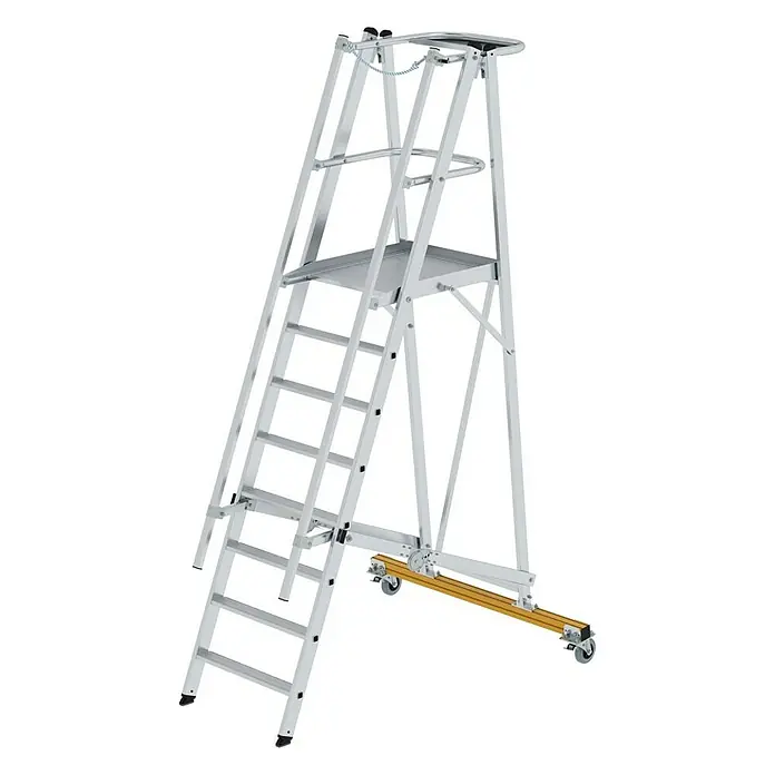 Proregal Stehleiter Plattformleiter klappbar und fahrbar - Anzahl Tritte: 8 Stk., Arbeitshöhe: 3.850 mm, Belastbarkeit: 150 kg, Aluminium - Mobile Arbeitsplattform aus silbernem Aluminium mit Leiter, Sicherheitsgeländer und Rollen.