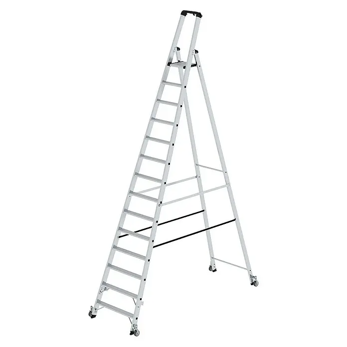 Proregal Stehleiter einseitig begehbar - Anzahl Tritte: 14 Stk., Arbeitshöhe: 5.250 mm, Belastbarkeit: 150 kg, Aluminium - Silberne Aluminium-Stehleiter mit vielen Stufen und Rollen für leichte Mobilität.