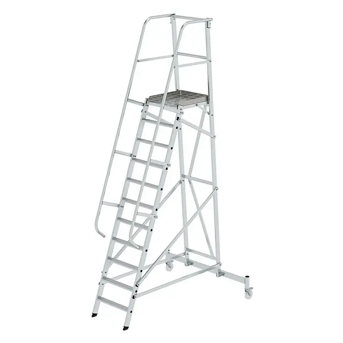 Proregal Stehleiter Plattformleiter fahrbar - Anzahl Tritte: 11 Stk., Arbeitshöhe: 4.600 mm, Belastbarkeit: 150 kg, Aluminium - Silberne Aluminium-Arbeitsplattform mit Stufen, stabiler Plattform, Handläufen und Rollen für leichte Bewegung.
