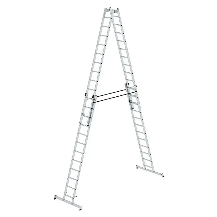 Proregal Doppel-Stehleiter 4-teilig - Anzahl Tritte: 48 Stk., Arbeitshöhe: 7.000 mm, Belastbarkeit: 150 kg, Aluminium - Silberne Aluminium-Mehrzweckleiter als Stehleiter mit schwarzen Stabilisierungsstangen.