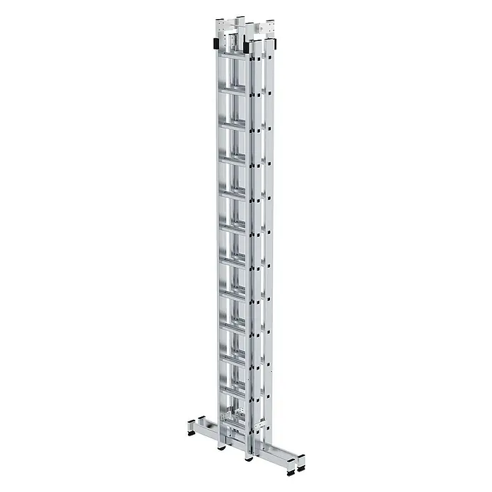 Proregal Doppel-Stehleiter 4-teilig - Anzahl Tritte: 48 Stk., Arbeitshöhe: 7.000 mm, Belastbarkeit: 150 kg, Aluminium - Ausziehbare, silberne Aluminium-Mehrfachleiter, als Gerüstleiter geeignet, mit breitem, stabilem Standfuß.