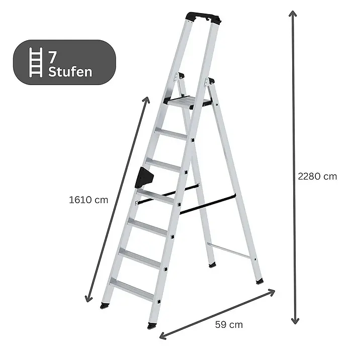 Proregal Stehleiter einseitig begehbar - Anzahl Tritte: 7 Stk., Arbeitshöhe: 3.700 mm, Belastbarkeit: 150 kg, Aluminium - Silberne Aluminium-Klappleiter mit 7 Stufen.