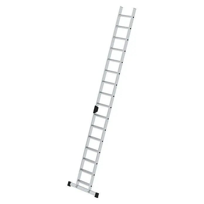 Proregal Anlegeleiter mit Standard-Traverse - Anzahl Tritte: 16 Stk., Arbeitshöhe: 5.300 mm, Belastbarkeit: 150 kg, Aluminium - Silberne Aluminium-Ausziehleiter mit schwarzen rutschfesten Füßen und Verstellmechanismus.