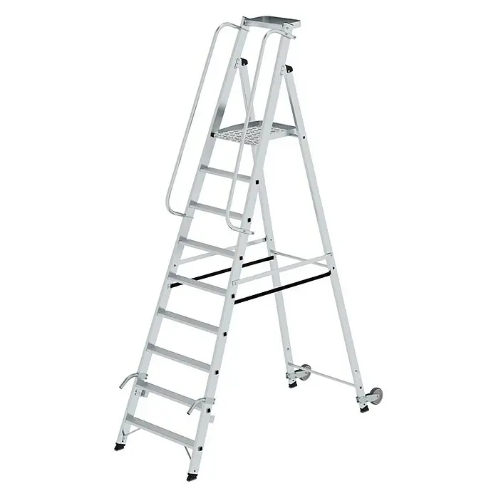 Proregal Stehleiter mit Rollen und Griff - Anzahl Tritte: 9 Stk., Belastbarkeit: 150 kg, Aluminium - Silberne Aluminium-Rollstehleiter mit Sicherheitsgeländer, oberer Ablage und Rollen.