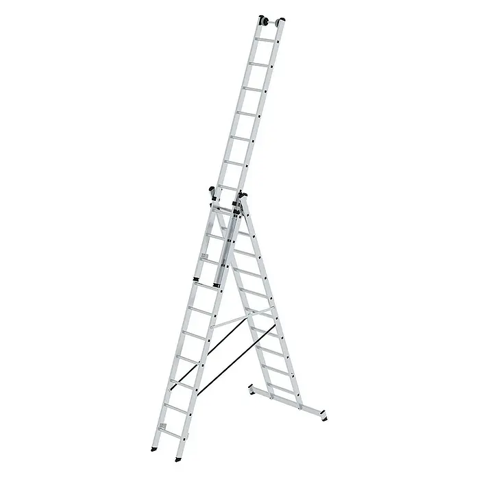 Proregal Mehrzweckleiter 3-teilig - Anzahl Tritte: 30 Stk., Arbeitshöhe: 8.000 mm, Belastbarkeit: 150 kg, Aluminium - Silberne Aluminium-Mehrzweckleiter als Stehleiter mit Verlängerung, mit schwarzen Füßen, Gelenken und oberen Rollen.