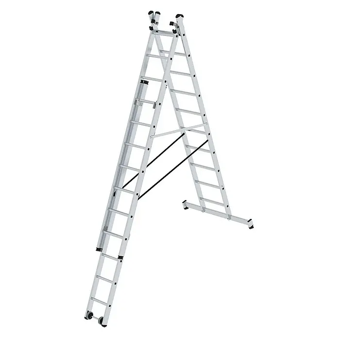 Proregal Mehrzweckleiter 3-teilig - Anzahl Tritte: 30 Stk., Arbeitshöhe: 8.000 mm, Belastbarkeit: 150 kg, Aluminium - Silberne Aluminium-Gelenkleiter mit schwarzen Scharnieren und Stabilisatoren, in A-Form mit Rollen an einem Ende dargestellt.