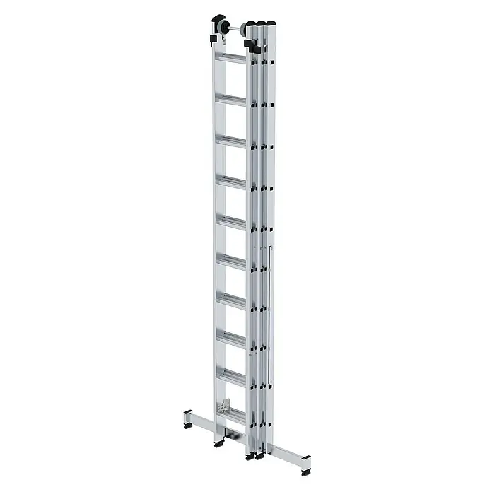 Proregal Mehrzweckleiter 3-teilig - Anzahl Tritte: 30 Stk., Arbeitshöhe: 8.000 mm, Belastbarkeit: 150 kg, Aluminium - Silberne Aluminium-Dreifach-Ausziehleiter mit Stabilisator und Rollen zum einfachen Ausziehen.