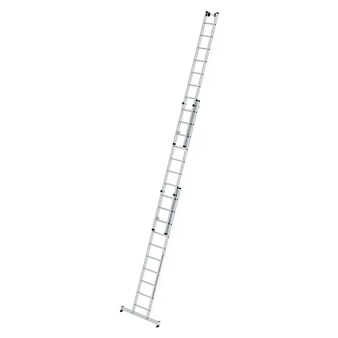 Proregal Mehrzweckleiter 3-teilig - Anzahl Tritte: 30 Stk., Arbeitshöhe: 8.000 mm, Belastbarkeit: 150 kg, Aluminium - Lange, silberfarbene Aluminium-Ausziehleiter mit drei Abschnitten und breiter Stabilisatorstange am Fuß.