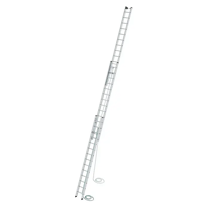 Proregal Seilzugleiter 3-teilig - Anzahl Tritte: 42 Stk., Arbeitshöhe: 10.800 mm, Belastbarkeit: 150 kg, Aluminium - Silberne Aluminium-Zweigang-Schiebeleiter mit Seilzugsystem zur Höhenverstellung.