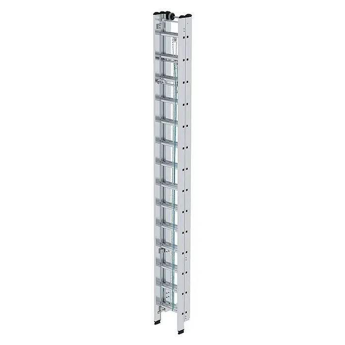 Proregal Seilzugleiter 3-teilig - Anzahl Tritte: 42 Stk., Arbeitshöhe: 10.800 mm, Belastbarkeit: 150 kg, Aluminium - Silberne Aluminium-Ausziehleiter mit Seilzugsystem und schwarzen Kappen.