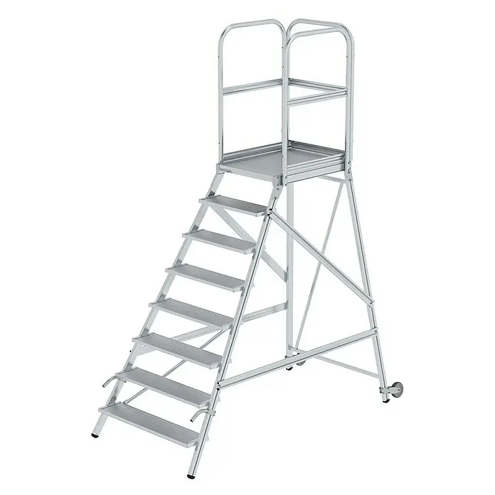 Proregal Treppenpodest einseitig begehbar - Anzahl Tritte: 8 Stk., Arbeitshöhe: 3.900 mm, Belastbarkeit: 150 kg, Aluminium - Silberne Aluminium-Arbeitsplattform mit Stufen, Geländer und Rollen für Mobilität.