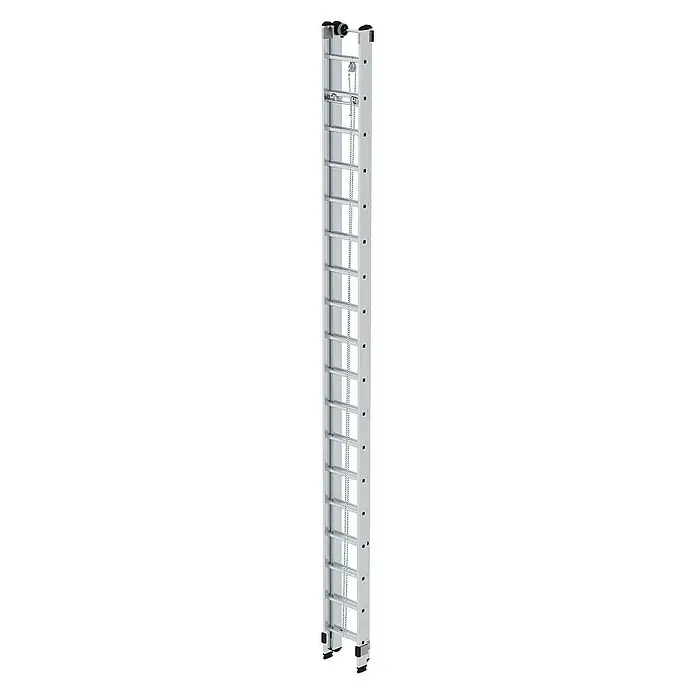 Proregal Seilzugleiter 2-teilig - Anzahl Tritte: 36 Stk., Arbeitshöhe: 10.300 mm, Belastbarkeit: 150 kg, Aluminium - Silberne Aluminium-Ausziehleiter mit Seilzug, oberen Rollen und unteren Füßen.