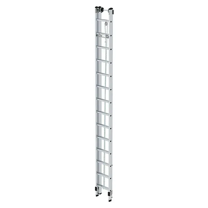 Proregal Seilzugleiter 2-teilig - Anzahl Tritte: 28 Stk., Arbeitshöhe: 8.300 mm, Belastbarkeit: 150 kg, Aluminium - Silberne Aluminium-Ausziehleiter mit Seilzug und Rollen oben, schwarzen Füßen.