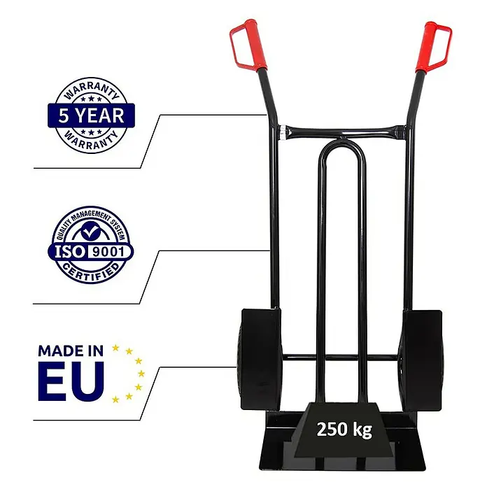 Proregal Sackkarre RHINO mit XL Schaufel, 250 kg Traglast & PU-Bereifung - Stahl, Traglast: 250 kg - Schwarze Sackkarre mit roten Griffen und 250 kg Tragfähigkeit.