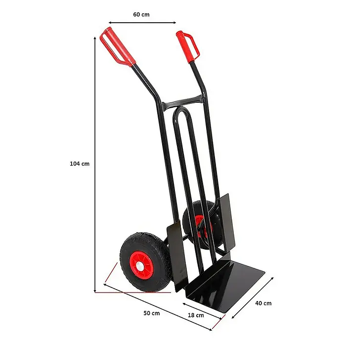 Proregal Sackkarre RHINO mit XL Schaufel, 250 kg Traglast & PU-Bereifung - Stahl, Traglast: 250 kg - Schwarze Sackkarre mit roten Griffen und großen schwarzen Rädern, mit stabiler Ladefläche zum Transport.