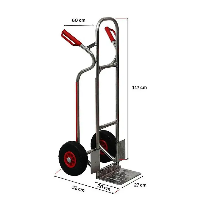Proregal Sackkarre RAGNAR mit klappbarer Schaufel & PU-Bereifung - Aluminium, Traglast: 250 kg - Metallene Sackkarre mit roten Griffen und schwarzen Rädern, zeigt Maße wie 117 cm Höhe und 27 cm Bodenbreite an.