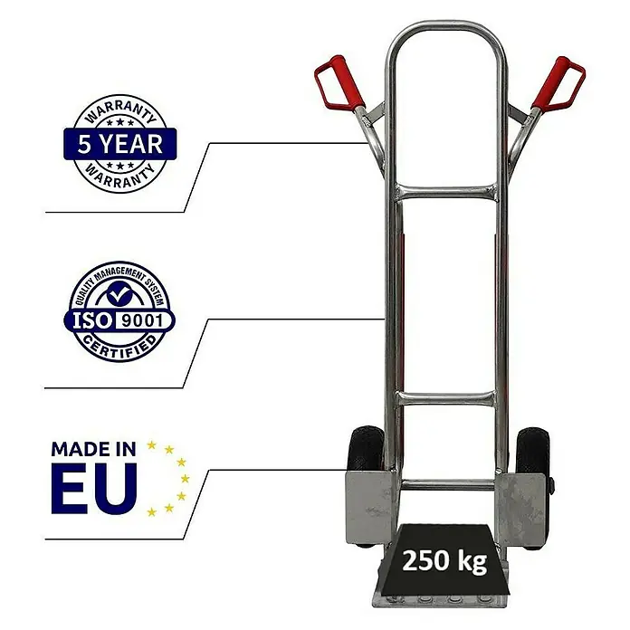 Proregal Sackkarre RAGNAR mit klappbarer Schaufel & PU-Bereifung - Aluminium, Traglast: 250 kg - Silberne Sackkarre aus Metall mit roten Griffen und schwarzen Rädern, zeigt 250 kg Tragfähigkeit an.