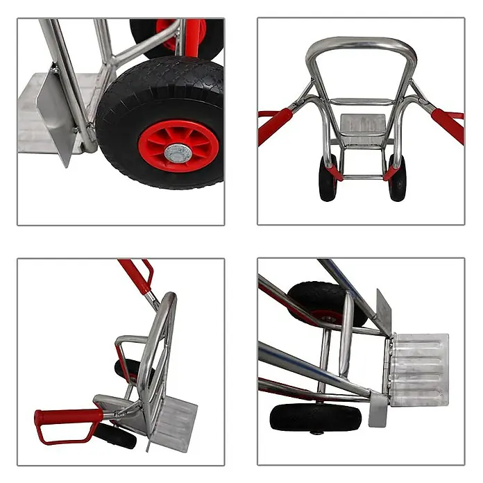 Proregal Sackkarre RAGNAR mit klappbarer Schaufel & PU-Bereifung - Aluminium, Traglast: 250 kg - Silberne Sackkarre mit roten Griffen, schwarzen Reifen und flacher Ladefläche für schwere Lasten.