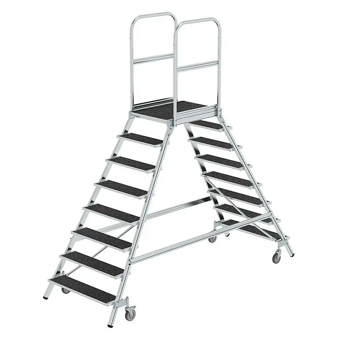 Proregal Treppenpodest beidseitig begehbar - Anzahl Tritte: 8 Stk., Arbeitshöhe: 3.900 mm, Belastbarkeit: 150 kg, Aluminium - Mobile Arbeitsplattform aus silbernem Aluminium mit zwei Treppen, schwarzen Anti-Rutsch-Stufen, Handläufen und Rollen.