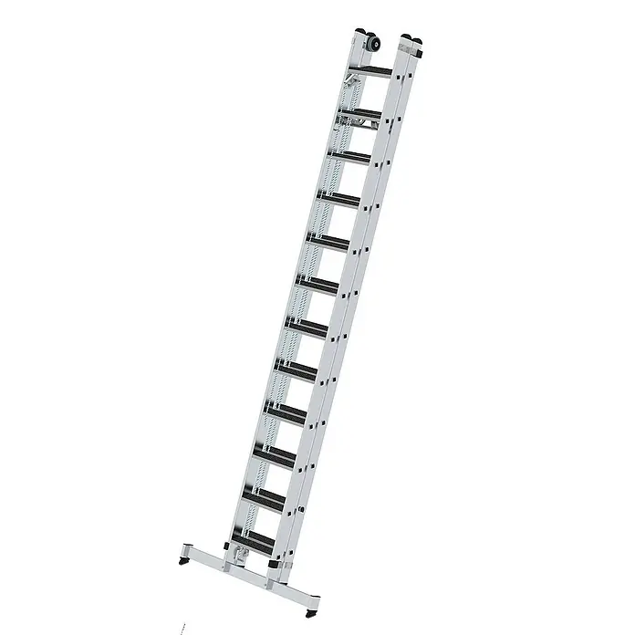 Proregal Seilzugleiter 2-teilig - Anzahl Tritte: 24 Stk., Arbeitshöhe: 7.000 mm, Belastbarkeit: 150 kg, Aluminium - Silberne Aluminium-Anlegeleiter mit rutschfesten Sprossen, Stabilisator und oberen Rollen.