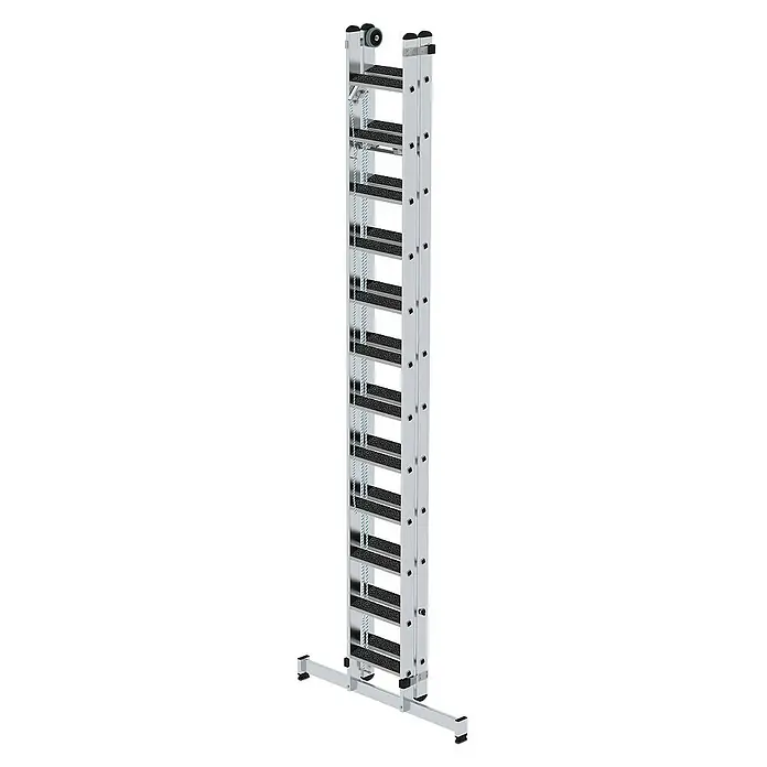 Proregal Seilzugleiter 2-teilig - Anzahl Tritte: 24 Stk., Arbeitshöhe: 7.000 mm, Belastbarkeit: 150 kg, Aluminium - Silberne Aluminium-Ausziehleiter mit schwarzen Anti-Rutsch-Sprossen, Seilzug und breiter Stabilisatorstange.