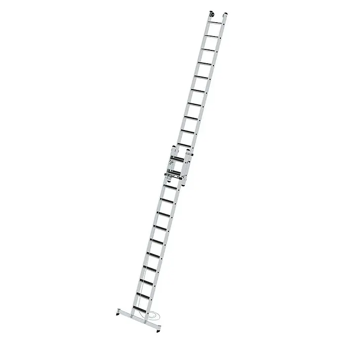 Proregal Seilzugleiter 2-teilig - Anzahl Tritte: 24 Stk., Arbeitshöhe: 7.000 mm, Belastbarkeit: 150 kg, Aluminium - Silberne Aluminium-Ausziehleiter mit schwarzen Stufen, Seilzugsystem zum Ausfahren, Stabilisator und Rollen oben.