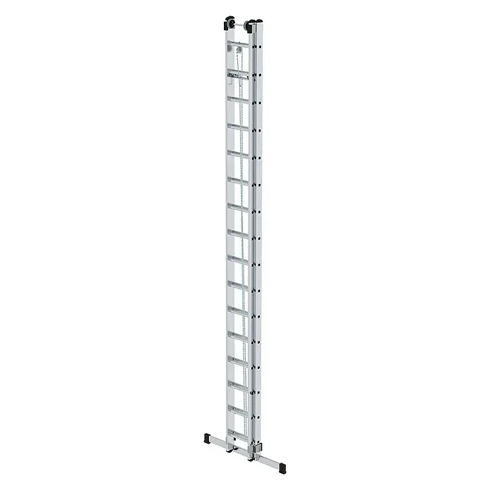 Proregal Seilzugleiter 2-teilig - Anzahl Tritte: 32 Stk., Arbeitshöhe: 9.400 mm, Belastbarkeit: 150 kg, Aluminium - Silberne Aluminium-Ausziehleiter mit Stabilisator und Auszugskette.