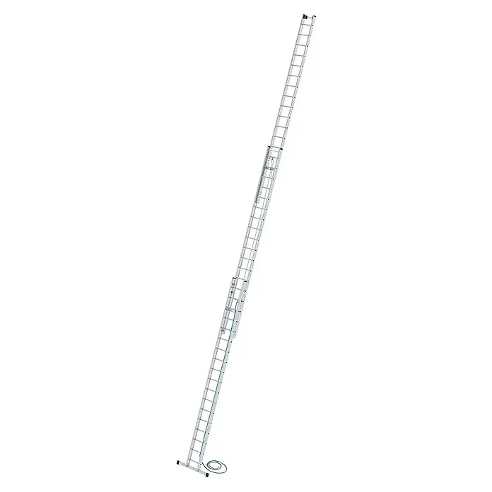 Proregal Seilzugleiter 3-teilig - Anzahl Tritte: 52 Stk., Arbeitshöhe: 13.600 mm, Belastbarkeit: 150 kg, Aluminium - Silberne dreiteilige Aluminium-Schiebeleiter mit Seilzug und Querbalken.