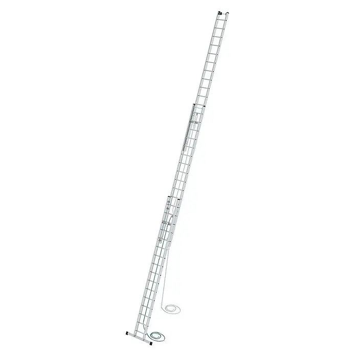 Proregal Seilzugleiter 3-teilig - Anzahl Tritte: 48 Stk., Arbeitshöhe: 11.900 mm, Belastbarkeit: 150 kg, Aluminium - Silberne Aluminium-Schiebeleiter mit Seil- und Kettenmechanismus.