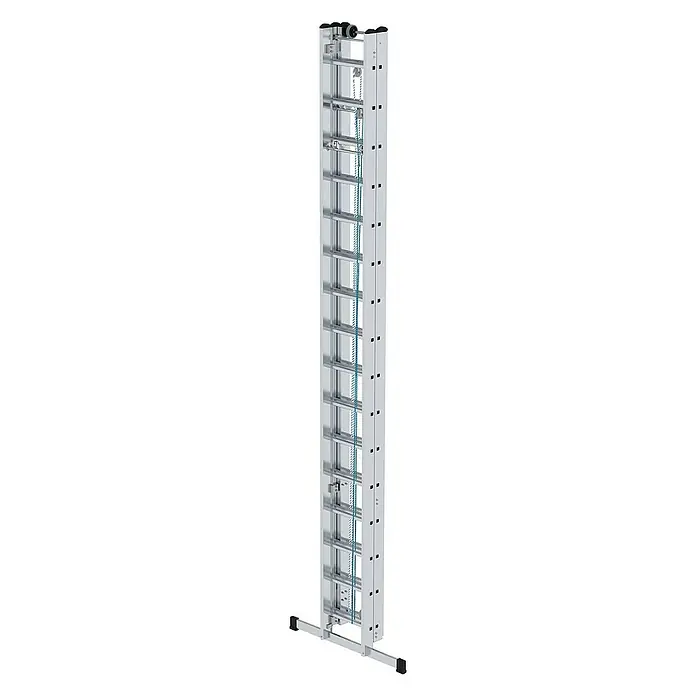 Proregal Seilzugleiter 3-teilig - Anzahl Tritte: 48 Stk., Arbeitshöhe: 11.900 mm, Belastbarkeit: 150 kg, Aluminium - Silberne Aluminiumleiter mit integriertem Flaschenzugsystem und blauem Seil zum Materialtransport.
