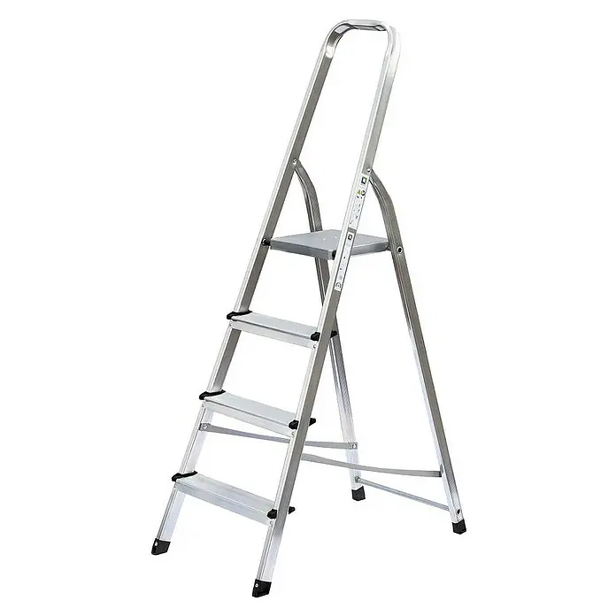 Proregal Stehleiter einseitig begehbar - Anzahl Tritte: 4 Stk., Arbeitshöhe: 2.850 mm, Belastbarkeit: 150 kg, Aluminium - Silberne Aluminium-Klappleiter mit vier Stufen, einer Plattform und einem Sicherheitsgriff.